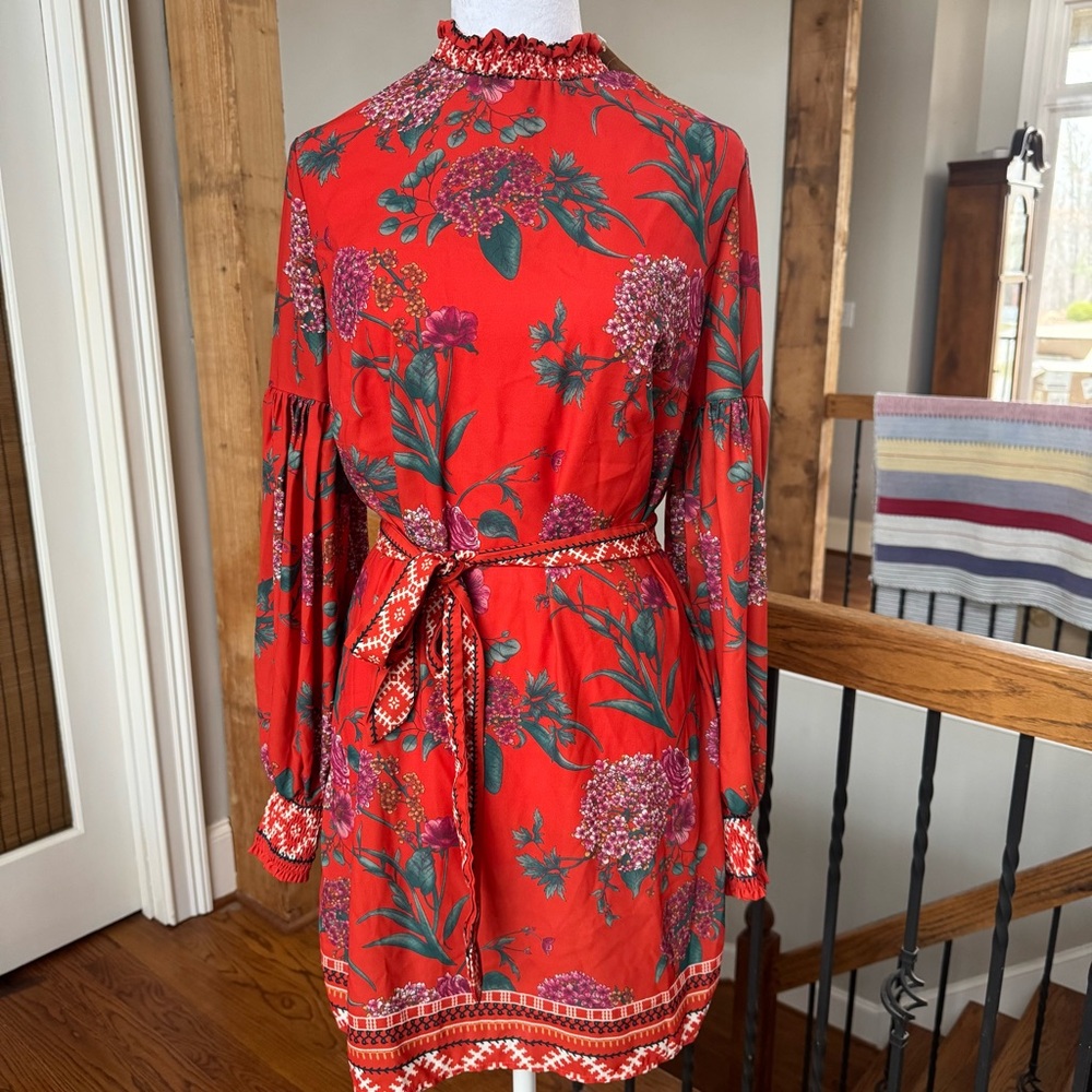 Deja Vu boutique Floral Red Mini Dress tie waist high neck